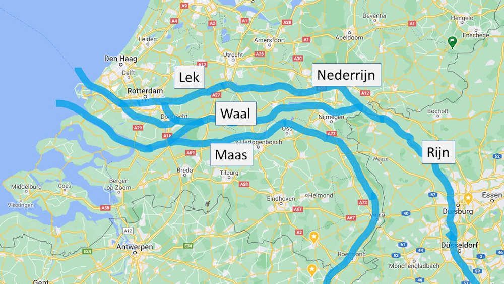 Overzicht van de loop van de Rijn, Maas, en Waal naar Rotterdam