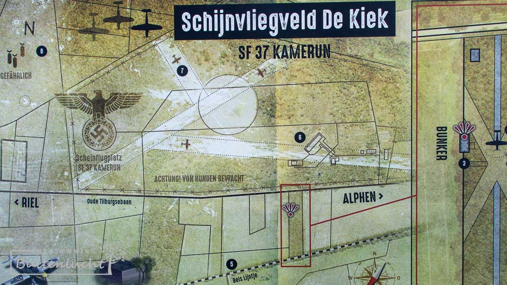 Historische plattegrond van Schijnvliegveld De Kiek tussen Alphen en Riel
