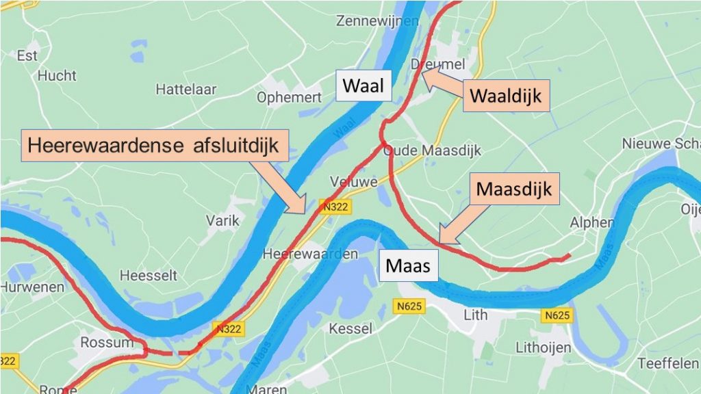 schematische weergave van de loop van de Maas en de Waal